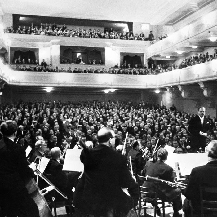 January 29. 1956, Salzburg, Austria --- Original caption: A public Mozart concert with international guests from all over the world took place at the famous Salzburg Festival Hall on the noon of the anniversary day of Mozart's 250th birthday. Karl Boehm conducted the Vienna Philharmonic Orchestra. President Theodor Koerner, the Austrian government, the Diplomatic Corps attended the concert.