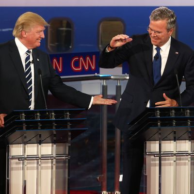 Donald Trump (L) and Jeb Bush at the debates at the second Republican debate at the Reagan Library on September 16, 2015.
