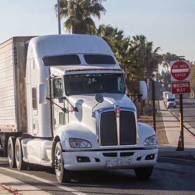 A truck drives into United States at the Otay Mesa Port of Entry, on the U.S.-Mexico border.