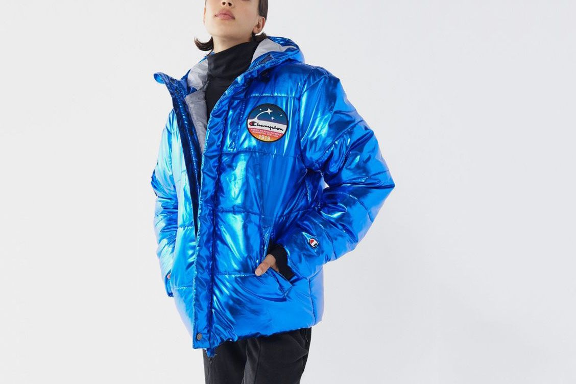 blue champion metallic puffer jacket