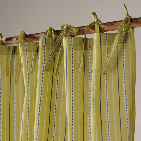 Olive Yellow Striped Tie Top Cotton Curtain Panel