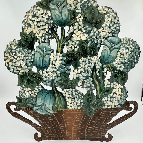GrandmillennialGoods Vintage Toleware Hand Painted Blue Hydrangea Floral Dummy Board