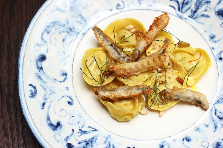 Fennel tortelli, with Sicilian anchovies, pine nuts, golden raisins, and saffron.