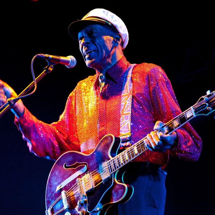 Singer Chuck Berry performs at the Arena Moscow Club on February 24, 2013 in Moscow, Russia.
