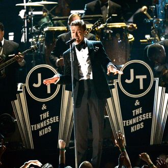 Singer Justin Timberlake (C) performs onstage at the 55th Annual GRAMMY Awards at Staples Center on February 10, 2013 in Los Angeles, California.