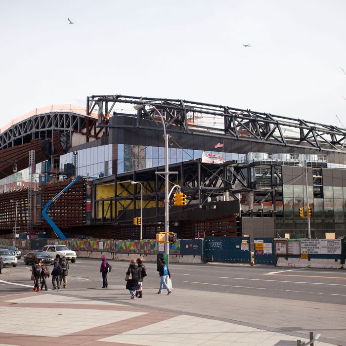 The Barclay Center, a sports arena and future home of the the National Basketball Association's New Jersey Nets, is seen under construction on March 5, 2012 at the intersection of Flatbush Avenue and Atlantic Avenue, in the Brooklyn borough of New York City. T
