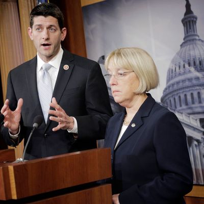WASHINGTON, DC - DECEMBER 10: Senate Budget Committee Chairman Patty Murray (D-WA) and House Budget Committee Chairman Paul Ryan (R-WI) hold a press conference to announce a bipartisan budget deal, the Bipartisan Budget Act of 2013, at the U.S. Capitol on December 10, 2013 in Washington, DC. The $85 billion agreement would set new spending levels for the next two years and create $63 billion in so-called 'sequester relief.' (Photo by T.J. Kirkpatrick/Getty Images)