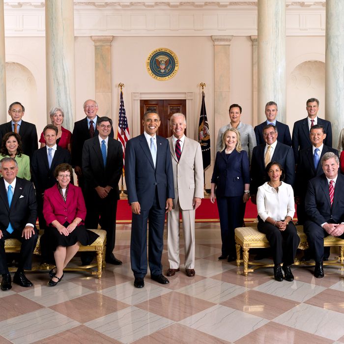  In this handout provided by the White House, U.S. President Barack Obama and Vice President Joe Biden pose with the full Cabinet for an official group photo in the Grand Foyer of the White House, July 26, 2012 in Washington, DC. Seated, from left, are: Transportation Secretary Ray LaHood, Acting Commerce Secretary Rebecca Blank, U.S. Permanent Representative to the United Nations Susan Rice, and Agriculture Secretary Tom Vilsack. Standing in the second row, from left, are: Education Secretary Arne Duncan, Attorney General Eric H. Holder, Jr., Labor Secretary Hilda L. Solis, Treasury Secretary Timothy F. Geithner, Chief of Staff Jack Lew, Secretary of State Hillary Rodham Clinton, Defense Secretary Leon Panetta, Veterans Affairs Secretary Eric K. Shinseki, Homeland Security Secretary Janet Napolitano, and U.S. Trade Representative Ron Kirk.Standing in the third row, from left, are: Housing and Urban Development Secretary Shaun Donovan, Energy Secretary Steven Chu, Health and Human Services Secretary Kathleen Sebelius, Interior Secretary Ken Salazar, Environmental Protection Agency Administrator Lisa P. Jackson, Office of Management and Budget Acting Director Jeffrey D. Zients, Council of Economic Advisers Chair Alan Krueger, and Small Business Administrator Karen G. Mills. 
