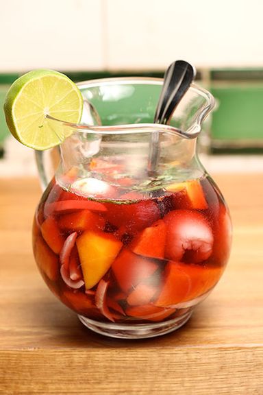 Cambodian Sangria with Lychee, Papaya, Mango, Coconut, and Basil