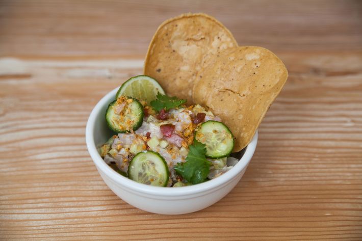 Ceviche with cucumber and tobasco.