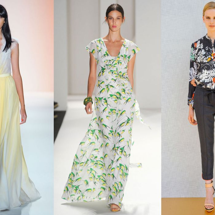 From left: spring looks from Jenny Packham, Carolina Herrera, and Rachel Roy