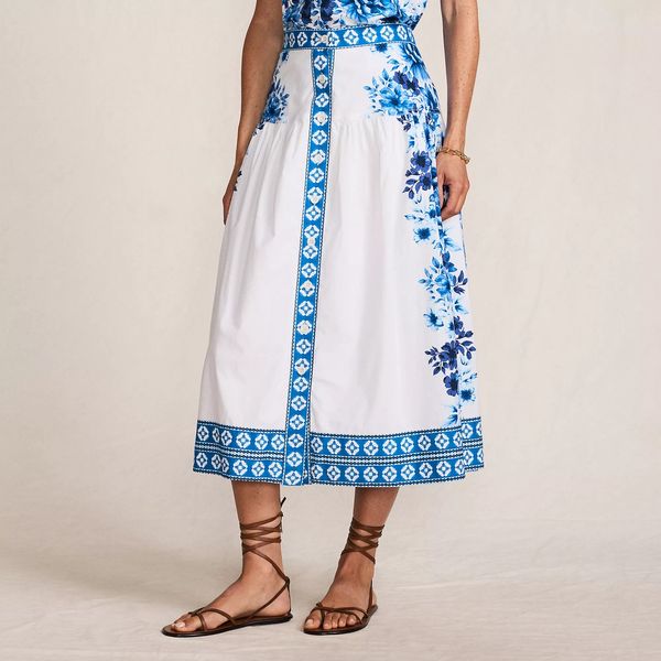 Lands' End Women's Poplin Border Print Midi Skirt - Set Bottom