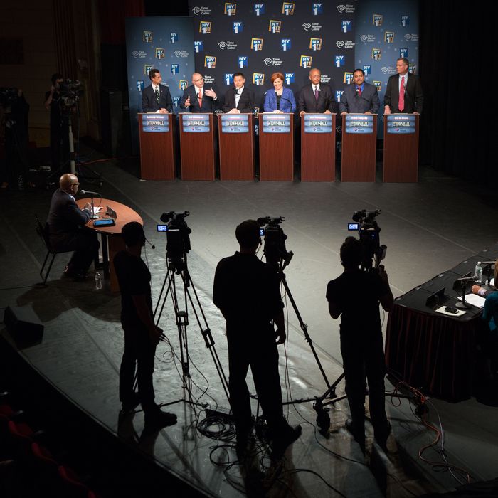 NEW YORK, NY - AUGUST 21: Democratic primary candidates for Mayor of New York City (L - R) Anthony D. Weiner, Sal F. Albanese, John C. Liu, Christine C. Quinn, William C. Thompson Jr., Erick J. Salgado, and Bill de Blasio face off for the first debate at the Town Hall on August 21, 2013 in New York City. Residents go to the polls September 10 for the primary election. (Photo by Ruth Fremson-Pool/Getty Images)