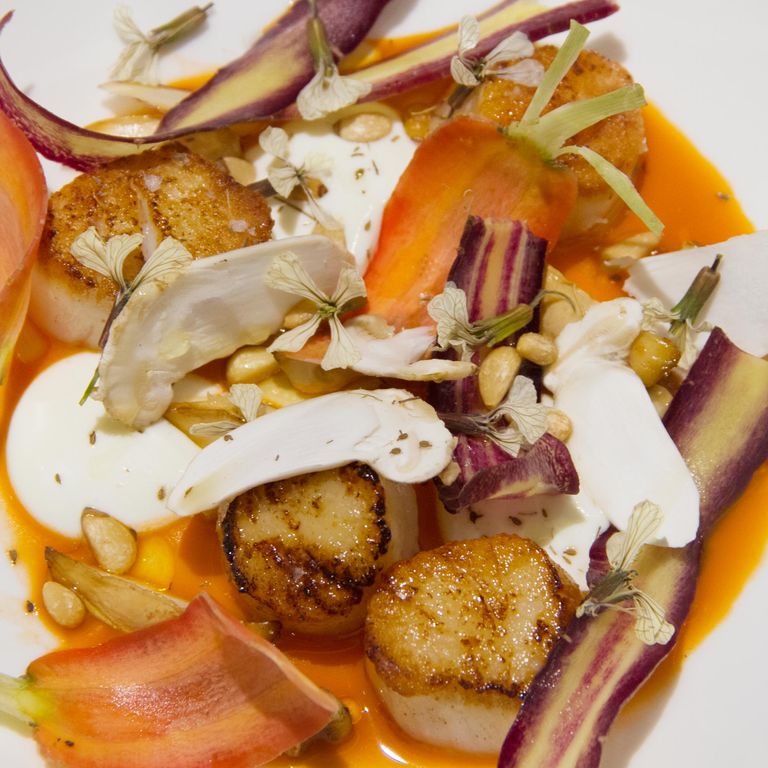 扇贝配松茸、羊奶酸奶、胡萝卜和松子。