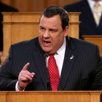 New Jersey Governor Chris Christie addresses state legislators during his State of the State Address in the Assembly Chamber at the Statehouse on January 8, 2013 in Trenton, New Jersey. The popular Republican governor called on Congress to quickly approve more disaster aid for the state, more than two months after Hurricane Sandy.