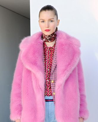 Bubblegum pink faux fur coat sale