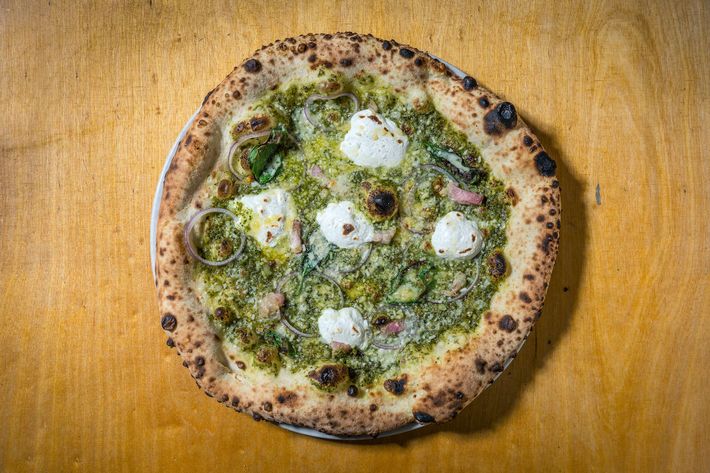 Salsa Verde Gives Trump a Bad Hair Day: pancetta, red onion, ricotta, provolone, chilies, salsa verde.