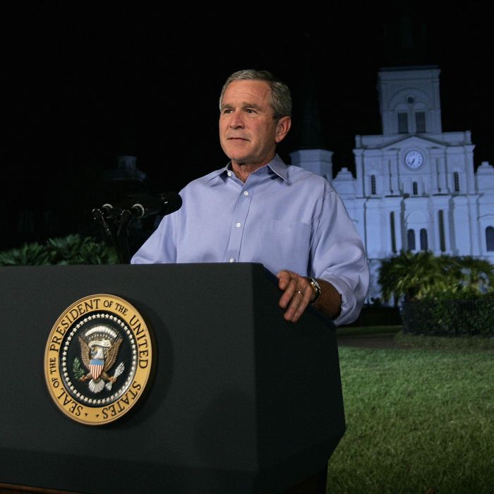 NEW ORLEANS, UNITED STATES: US President George W. Bush after addressing the nation from Jackson Square, 15 September, 2005 in New Orleans, Louisiana. Bush again took the blame for the government's flawed response to Hurricane Katrina, but promised one of the biggest rebuilding efforts the world has ever seen in the disaster zone. AFP PHOTO/Brendan SMIALOWSKI (Photo credit should read BRENDAN SMIALOWSKI/AFP/Getty Images)