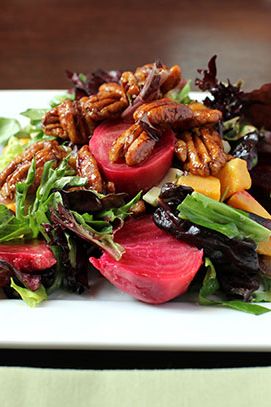 The spiced pecan and winter vegetable salad includes roasted organic beets, squash, and shaved fennel.