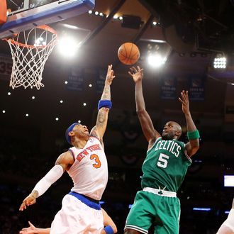 NEW YORK, NY - APRIL 23: Kevin Garnett #5 of the Boston Celtics shoots against Kenyon Martin #3 of the New York Knicks during Game two of the Eastern Conference Quarterfinals of the 2013 NBA Playoffs at Madison Square Garden on April 23, 2013 in New York City. NOTE TO USER: User expressly acknowledges and agrees that, by downloading and or using this photograph, User is consenting to the terms and conditions of the Getty Images License Agreement. (Photo by Al Bello/Getty Images)