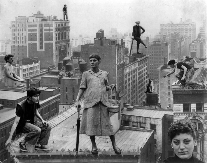 Schloss (center), Lucia Vernarelli, and Helen DeMott in a collage of the Chelsea rooftops, by Schloss’s then-husband Rudy Burckhardt.