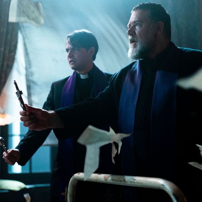 Daniel Zovatto and Russell Crowe in The Pope's Exorcist.