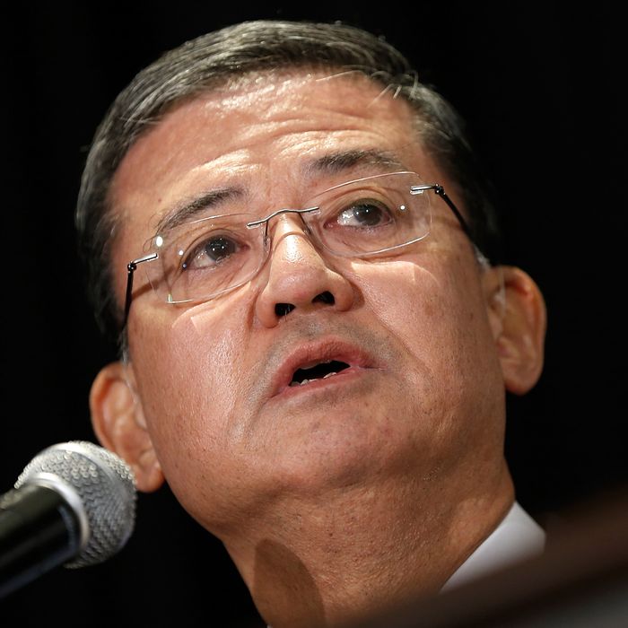 U.S. Secretary of Veterans Affairs Eric Shinseki addresses the National Coalition for Homeless Veterans May 30, 2014 in Washington, DC. Shinseki is under bipartisan pressure to resign in the wake of an unfolding scandal following a report by the inspector general's office.