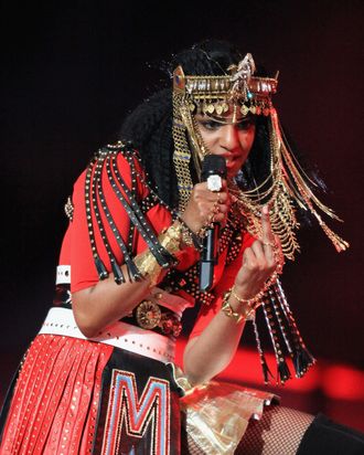 M.I.A. performs during the Bridgestone Super Bowl XLVI Halftime Show