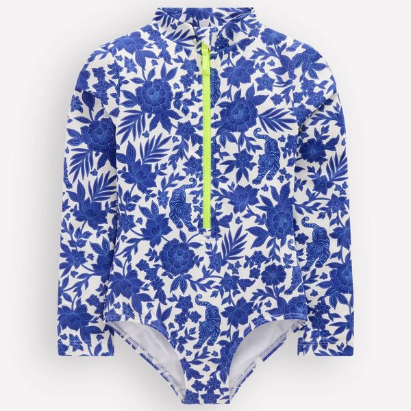 Boden Long-sleeved Swimsuit Bright Blue Jungle Woodblock
