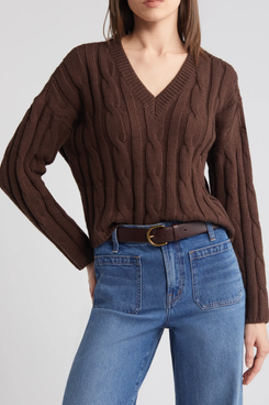 Madewell Cable Knit V-Neck Crop Sweater