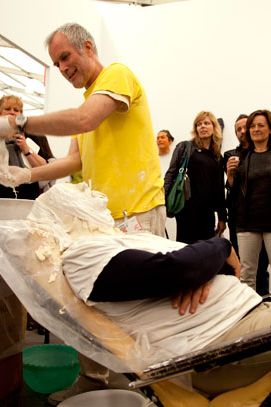 Thirty years ago, Ahearn created a performance-art sculpture-portrait series using neighbors, friends, and people from the nearby methodone clinic; at this year’s Frieze, he and collaborator Rigoberto Torres resurrected the piece. Those with a serious interest in becoming a human sculpture — including this brave woman — paid $3000 for the privilege of being coated in gel and bandages and left to breathe out of straws. Ahearn was a buoyant, jovial presence during the molding process, chiming things like “Let’s hear it for Ellen!” as he slathered her face in goo.