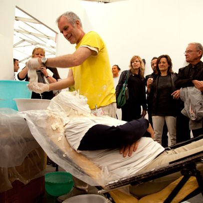 Thirty years ago, Ahearn created a performance-art sculpture-portrait series using neighbors, friends, and people from the nearby methodone clinic; at this year’s Frieze, he and collaborator Rigoberto Torres resurrected the piece. Those with a serious interest in becoming a human sculpture — including this brave woman — paid $3000 for the privilege of being coated in gel and bandages and left to breathe out of straws. Ahearn was a buoyant, jovial presence during the molding process, chiming things like “Let’s hear it for Ellen!” as he slathered her face in goo.