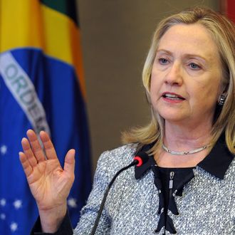 US Secretary of State Hillary Clinton speaks during a joint press conference with Brazilian Foreign Minister Antonio Patriota (out of frame) at Itamaraty palace in Brasilia, on April 16, 2012. Clinton is on a two-day visit to Brazil.