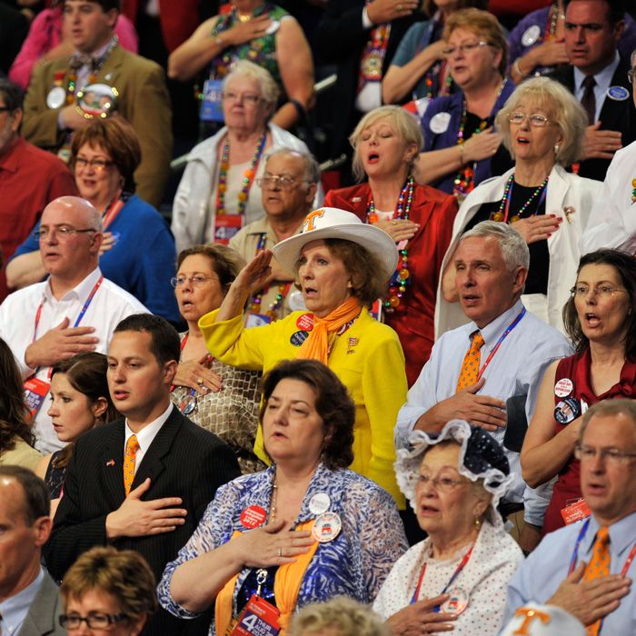 Delegates on the floor of the Republican National Convention in Tampa, Florida.