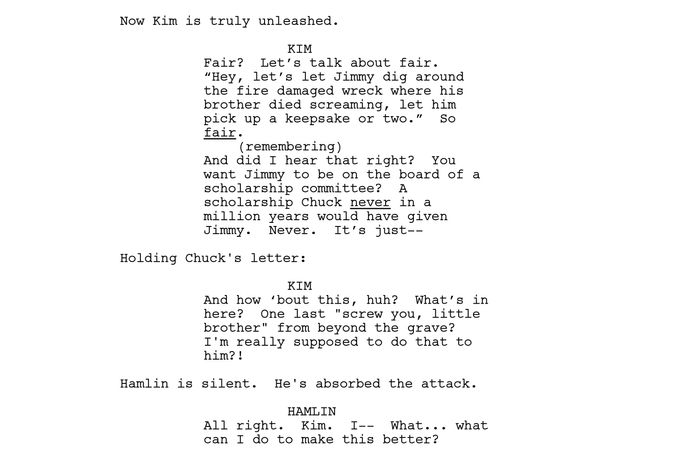 A script excerpt from Better Call Saul&rsquo;s &lsquo;Breathe&rsquo; episode.
