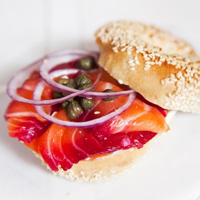 Sesame bagel with homemade cream cheese and beet-cured lox.