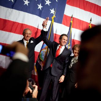 NEW YORK - NOVEMBER 02: New York Governor-elect Andrew Cuomo (C) celebrates with his father former New York Governor Mario Cuomo (L) and mother Matilda Cuomo at the Sheraton New York on election night, November 2, 2010 in New York City. Cuomo resoundingly defeated his Tea Party-backed opponent, Republican candidate Carl Paladino. (Photo by Michael Nagle/Getty Images) *** Local Caption *** Matilda Cuomo;Mario Cuomo;Andrew Cuomo