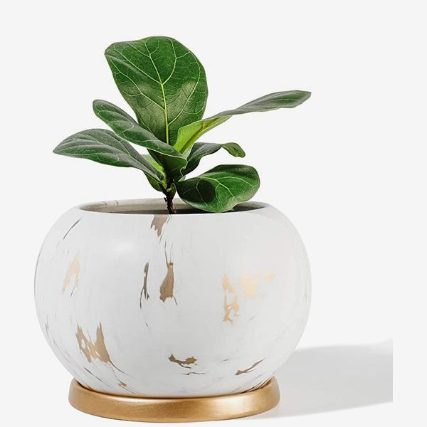 POTEY Planter Ceramic White & Golden Plant Pot