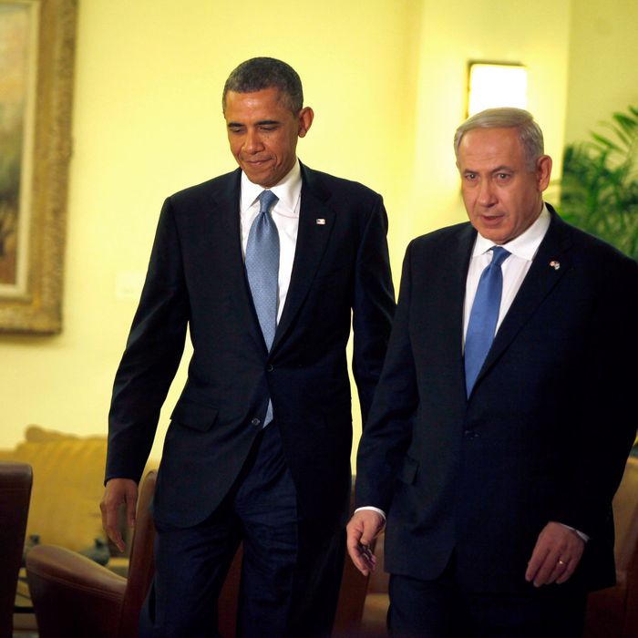 U.S. President Barack Obama (L) arrives to a press conference with Israeli Prime Minister Benjamin Netanyahu on March 20, 2013 in Jerusalem, Israel. This is Obama's first visit as President to the region, and his itinerary will include meetings with the Palestinian and Israeli leaders as well as a visit to the Church of the Nativity in Bethlehem. (Photo by Lior Mizrahi/Getty Images)