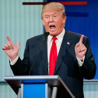 Republican 2016 U.S. presidential candidate businessman Donald Trump answers a question at the first official Republican presidential candidates debate of the 2016 U.S. presidential campaign in Cleveland