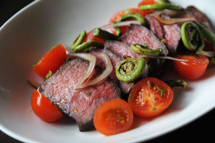 Noreetuh&#8217;s Wagyu sirloin, Hō&#8217;io salad, cherry tomatoes, and dried shrimp.