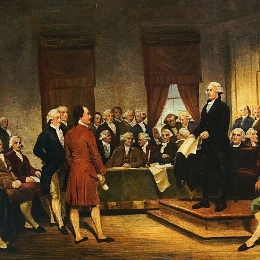 Painting, 1856, by Junius Brutus Stearns, Washington at Constitutional Convention of 1787, signing of U.S. Constitution.