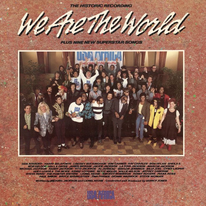 Front cover of the 'USA for Africa We are the World' record album, the music on which was designed to raise awareness and funds for a worldwide hunger relief program, 1985. The sleeve features a group photograph of the number of the contributing performers. The records success led the way for the Live Aid concerts later that year. (Photo by Blank Archives/Getty Images)