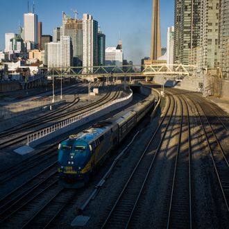 TORONTO, CANADA - APRIL 22: A VIA Rail train leaves Union Station, the heart of VIA Rail travel, bound for Windsor on April 22, 2013 in Toronto, Ontario, Canada. The Royal Canadian Mounted Police (RCMP) report they have arrested two people connected to an alleged Al Qaeda plot to detonate a bomb on a VIA Rail train in Canada. (Photo by Ian Willms/Getty Images)