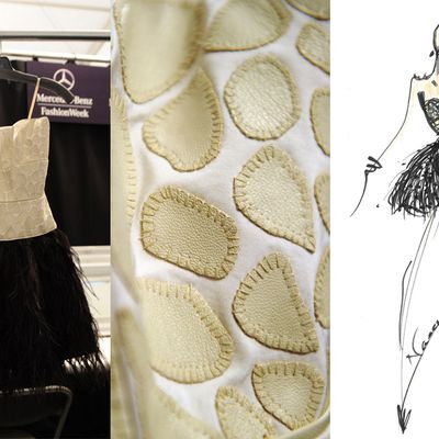 Khan's leather corset dress, plus a detail shot and sketch.