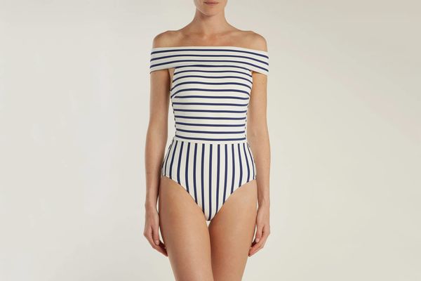 Solid & Striped The Vera Off-the-Shoulder Striped Swimsuit