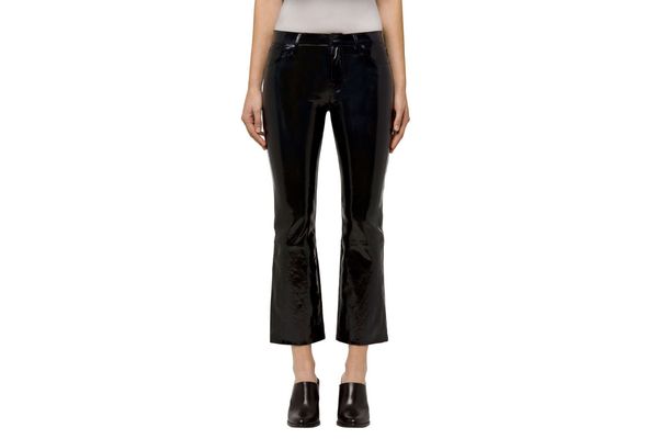 Selena Mid-Rise Cropped Boot Cut in Stretch Patent Black Leather