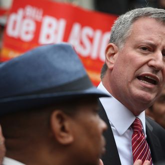 Democratic candidate for New York City mayor Bill de Blasio takes part in an immigration reform event on October 23, 2013 in New York City. De Blasio spoke in favor of comprehensive immigration reform at a campaign event held on the steps of City Hall. He is leading Republican challenger Joe Lhota in the polls ahead of the November 5 vote. 