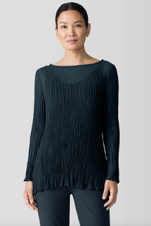 Eileen Fisher Crinkled Sheer Silk Georgette Bateau Neck Long Top
