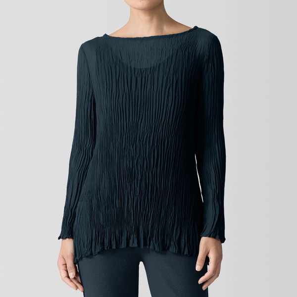 Eileen Fisher Crinkled Sheer Silk Georgette Bateau Neck Long Top
